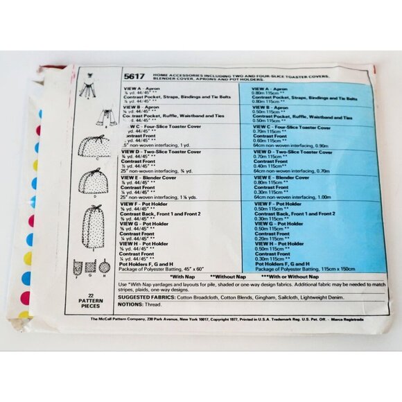 McCall's 5617 Sewing Pattern 1970's Toaster Covers Blender Cover Aprons & Pot - Picture 3 of 3